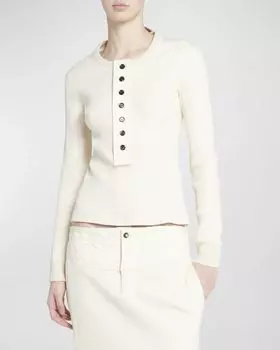Компактная футболка Henley из хлопкового джерси с длинными рукавами в рубчик Bottega Veneta, цвет Biancomult