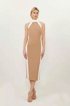 Компактное платье миди с контрастным вырезом и бретелькой на шее Karen Millen, бежевый