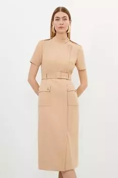 Компактное приталенное платье миди с запахом и поясом Karen Millen, бежевый