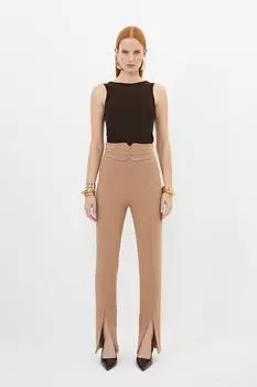 Компактные брюки эластичного кроя с высокой посадкой и разрезом по краю Karen Millen, бежевый