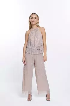 Компактный комбинезон с воротником-бретелькой и оборками River Island, серебряный