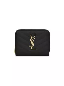 Компактный кошелек на молнии Cassandre Matelass из кожи с тиснением Grain De Poudre Saint Laurent, черный