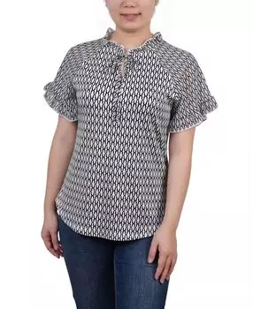 Компактный шифоновый креповый трикотажный топ с короткими рукавами и рюшами NY Collection