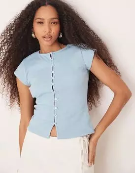 Компактный топ с короткими рукавами ASOS DESIGN, с пуговицами, синего цвета