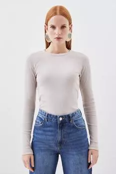Компактный трикотажный топ в рубчик с длинными рукавами Karen Millen, нейтральный