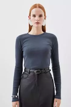 Компактный трикотажный топ в рубчик с длинными рукавами Karen Millen, синий
