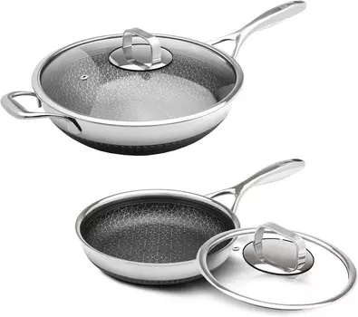 Комплект 12-дюймовых сковородок Wok Diamond и 8-дюймовых гибридных сковород с антипригарным покрытием из нержавеющей стали с крышками из закаленного стекла, можно мыть в посудомоечной машине, без ПФОК — комплект LIVWELL