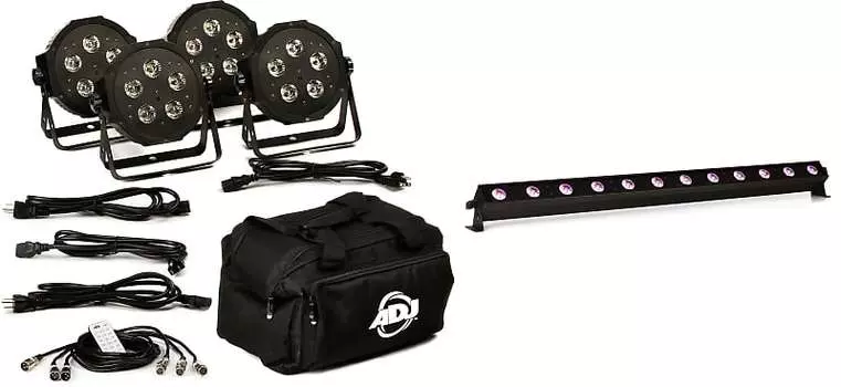 Комплект ADJ Mega Flat Hex Pak 4x RGBWA+UV Par с кабелями и комплект сумок с ADJ UB 12H 1-метровая 12-светодиодная линейка RGBAW+UV LED Bar American DJ MEG386=1 UBH120=1