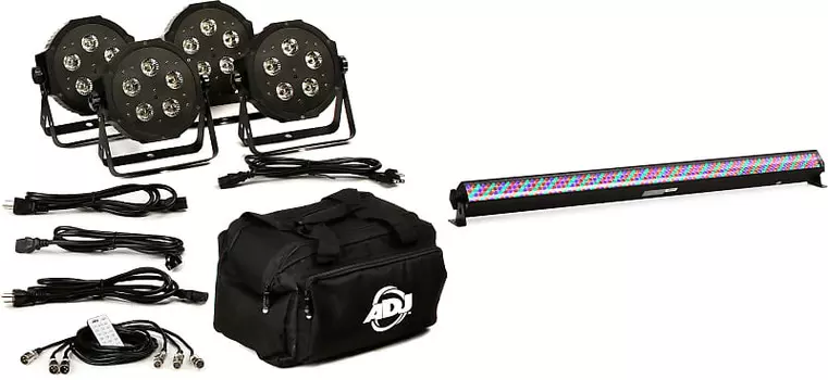 Комплект ADJ Mega Flat Hex Pak 4x RGBWA+UV Par с кабелями и сумкой Комплект со светодиодной линейкой ADJ Mega Bar RGBA 42" RGBA American DJ MEG386=1 MEG040=1