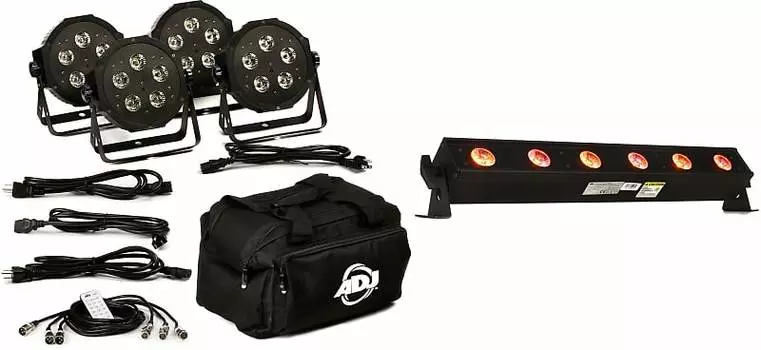 Комплект ADJ Mega Flat Hex Pak 4x RGBWA+UV Par с кабелями и сумкой Комплект со светодиодной линейкой ADJ UB 6H 1/2 метра с 6 светодиодами RGBWA+UV American DJ MEG386=1 UBH600=1