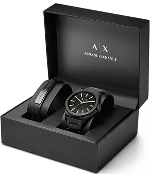 Комплект аналоговых часов-браслета и кожаного ремешка AX Armani Exchange, черный