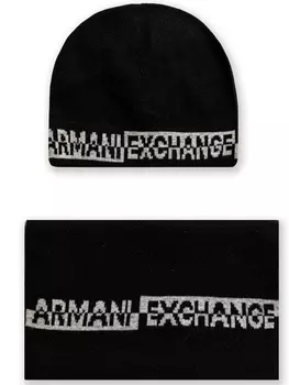 Комплект Armani Exchange из шарфа и шапки, связанный интарсией, черный
