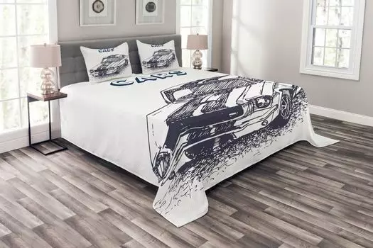 Комплект автомобильного покрывала ABAKUHAUS, спортивный автомобиль гранж, комплект с моющимися наволочками, для односпальных кроватей 220 x 220 см, белый черный