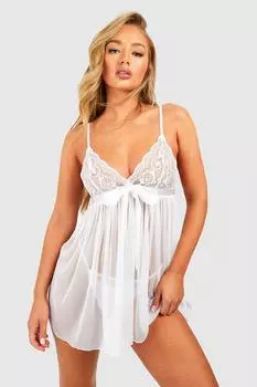 Комплект Babydoll с плиссированным бантом и веревками ко Дню святого Валентина boohoo, белый