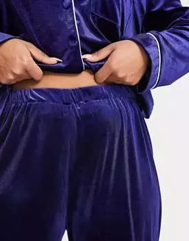 Комплект бархатной длинной пижамы Night Plus с контрастной окантовкой синего сапфира