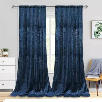 Комплект бархатных штор из 2-х лаймово-зелёных ленточных плотных штор с рюшами 140х145 см, бархатная мягкая непрозрачная штора PMS, синий