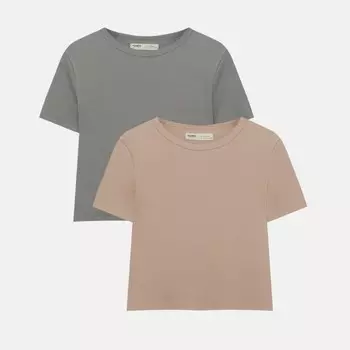 Комплект базовых футболок Pull&Bear в рубчик, 2 штуки, серый/бежевый