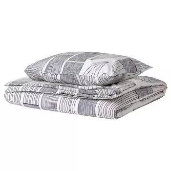 Комплект белья Ikea Bergkorsort Lined Sheet And 2 Pillowcases - 2 предмета, 150x200/50x60 см, белый/серый
