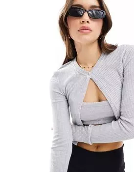 Комплект Bershka Twin из бюстье в рубчик и светло-серого микрокардигана