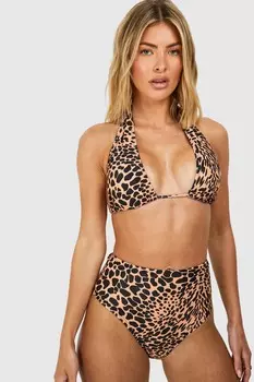 Комплект бикини Boohoo с леопардовым принтом и высокой талией, коричневый