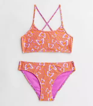 Комплект бикини на бретельках с оранжевым принтом бабочки для девочек New Look, апельсиновый