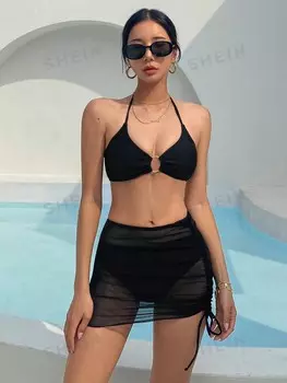 Комплект бикини с треугольной чашкой и лямкой на шее, юбкой и накидкой для летнего пляжа Dazy, черный
