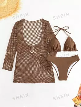 Комплект бикини с треугольными чашечками Swim Curve Summer Beach Plus с лямкой на бретельках и накидкой Shein, коричневый