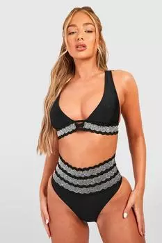 Комплект бикини с вышивкой отделки и высокой посадкой Boohoo, черный