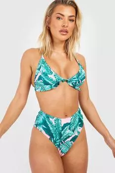 Комплект бикини с высокой талияю и тропическим руфлами Boohoo, розовый