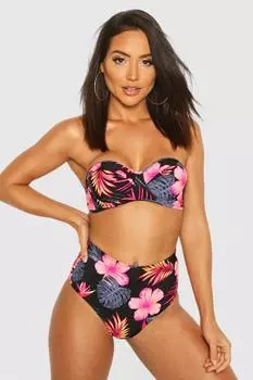 Комплект бикини с высокой талияю на косточках с тропическим цветом Boohoo, черный