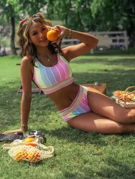 Комплект бикини Swim, 2 предмета, разноцветные полоски, для пляжа, бикини, тонкий бюстгальтер без косточек и плавки бикини с высокой талией Shein, мультиколор