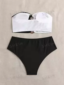 Комплект бикини Swim Curve для летнего пляжа Модель Color Block Топ с бретельками и брюки с высокой посадкой Shein, черно-белый