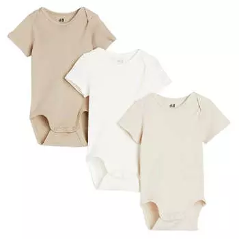 Комплект боди H&M Short-sleeved, 3 штуки, бежевый/белый/темно-бежевый