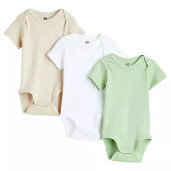 Комплект боди H&amp;M Short-sleeved, 3 штуки, светло-бежевый/белый/зеленый