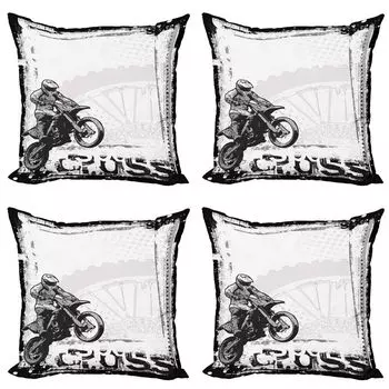 Комплект чехлов для мотоциклетных подушек ABAKUHAUS (4 предмета), Motocross Racer, современная двусторонняя цифровая печать, 60 x 60 см, черный и белый