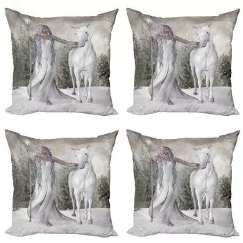 Комплект чехлов для подушек ABAKUHAUS Horse (4 предмета), Elf Holdng Mace and Horse, современная двусторонняя цифровая печать, 50 см x 50 см, кокос и пыль