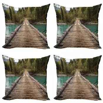 Комплект чехлов для подушек ABAKUHAUS Landscape (4 предмета), River Pine Tree Forest, современная двусторонняя цифровая печать, 60 x 60 см, коричнево-зеленый