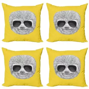 Комплект чехлов для подушек ABAKUHAUS Sloth (4 предмета), хипстерские животные из джунглей, современная двусторонняя цифровая печать, 45 см x 45 см, желто-серый