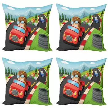Комплект чехлов для спортивных подушек ABAKUHAUS (4 предмета), Car Racing Boys, современная двусторонняя цифровая печать, 60 x 60 см, многоцветный