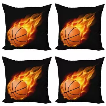 Комплект чехлов для спортивных подушек ABAKUHAUS (4 предмета), Shooting Basketball Fire, современная двусторонняя цифровая печать, 45 см x 45 см, черный оранжевый