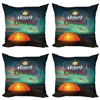 Комплект чехлов на подушки ABAKUHAUS Happy Camper (4 предмета), палатка Aurora Borealis, современная двусторонняя цифровая печать, 40 см x 40 см, многоцветная