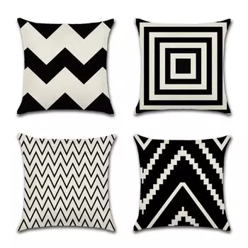 Комплект черно-белых льняных наволочек с геометрическим рисунком из 4 наволочек, 45*45 см 9301