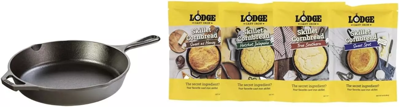 Комплект чугунной сковороды Lodge диаметром 10,25 дюйма + кукурузный хлеб для чугунной сковороды Lodge (4 упаковки) — набор разнообразия