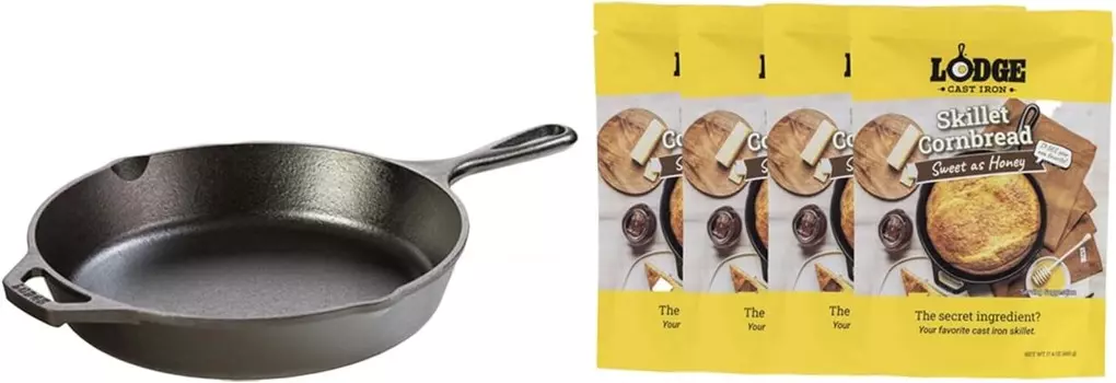 Комплект чугунной сковороды Lodge диаметром 10,25 дюйма + кукурузный хлеб для чугунной сковороды Lodge 17,4 унции (4 упаковки) — сладкий, как мед