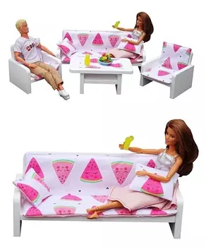 Комплект деревянной мебели для гостиной большого кукольного домика: диван+кресла+журнальный столик, 10 шт. , АРБУЗЫ PINO