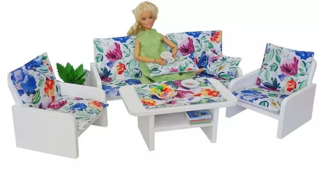 Комплект деревянной мебели для гостиной большого кукольного домика: диван+кресла+журнальный столик, 10 шт. , АКВАРЕЛЬ PINO