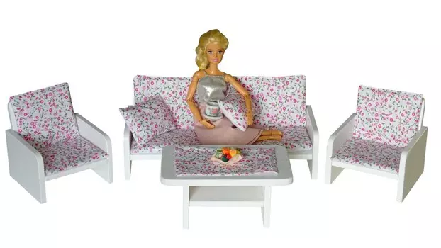 Комплект деревянной мебели для гостиной большого кукольного домика: диван+кресла+журнальный столик, 10 шт. , РОЗОВЫЙ СРЕДНИЙ PINO