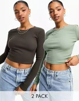 Комплект детских футболок с длинными рукавами Pull&Bear коричневого и хаки цвета (2 шт.)