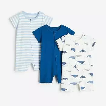 Комплект детских пижам H&M Cotton, 3 предмета, синий/белый