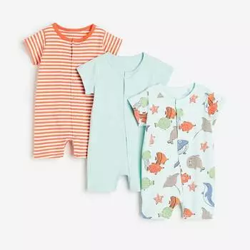 Комплект детских пижам H&M Cotton, 3 предмета, светло-бирюзовый/оранжевый